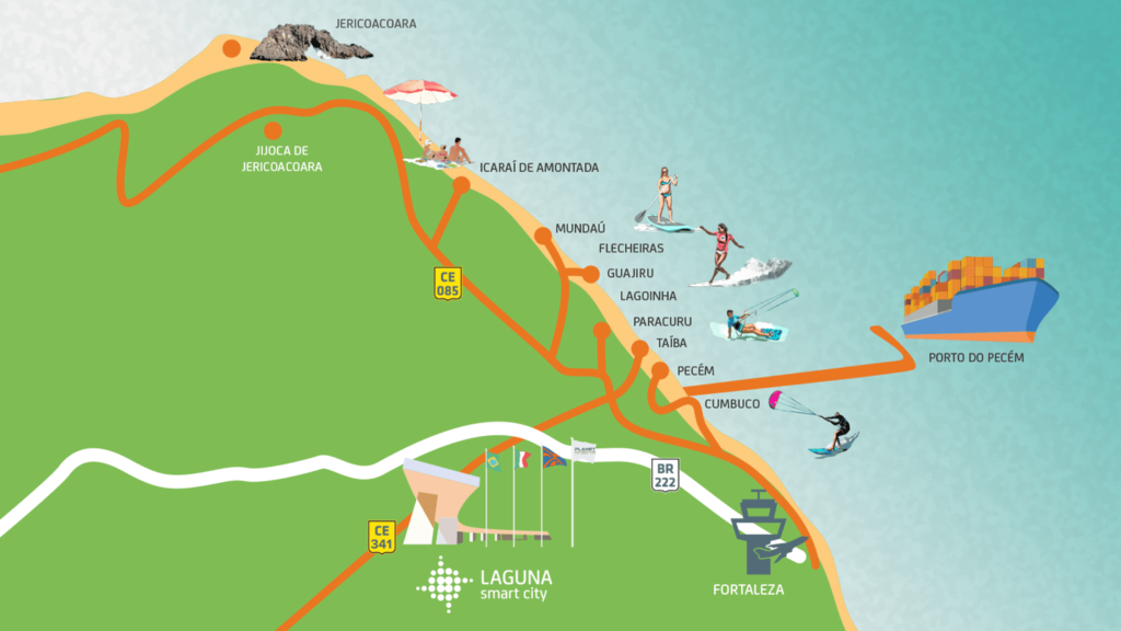 Mapa com as praias próximas à Planet Smart City Laguna Porto do Pecém
