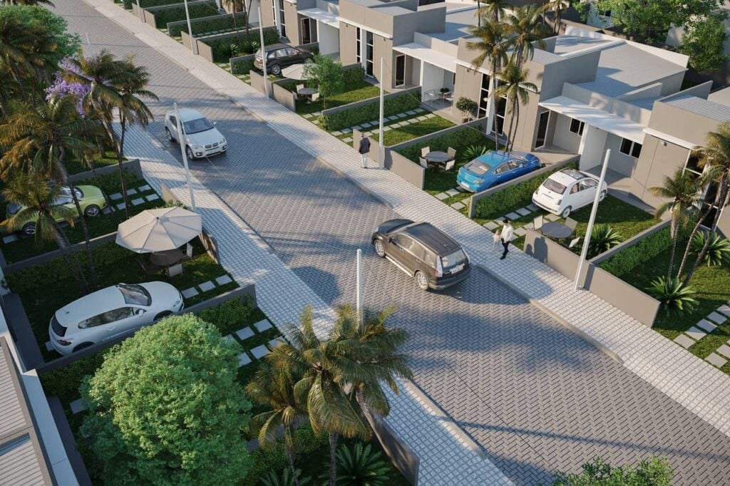 Imagem renderizada da Smart City Aquiraz mostrando suas casas e rua